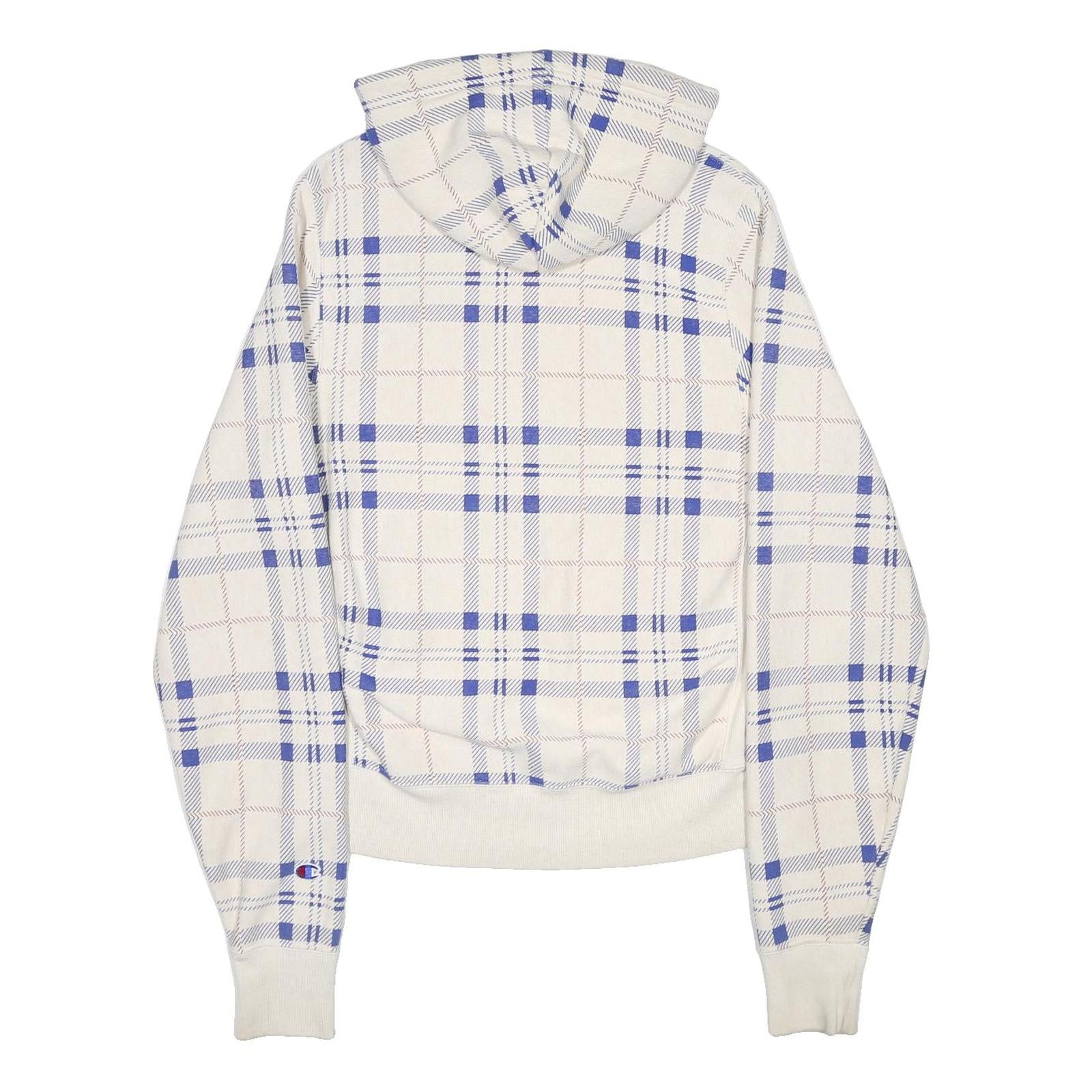 CHAMPION REVERSE WEAVE Mens Cream & Blue Plaid Pullover Hoodie S Cotton Blend