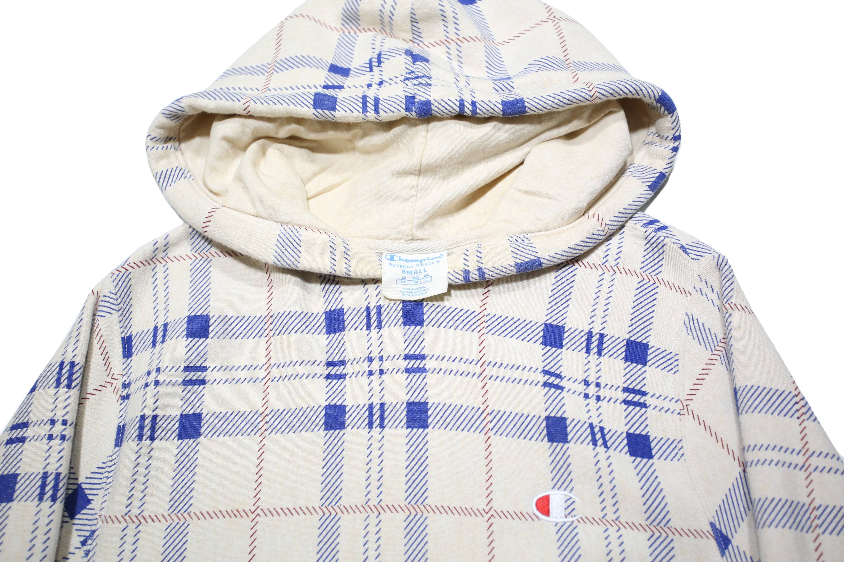 CHAMPION REVERSE WEAVE Mens Cream & Blue Plaid Pullover Hoodie S Cotton Blend