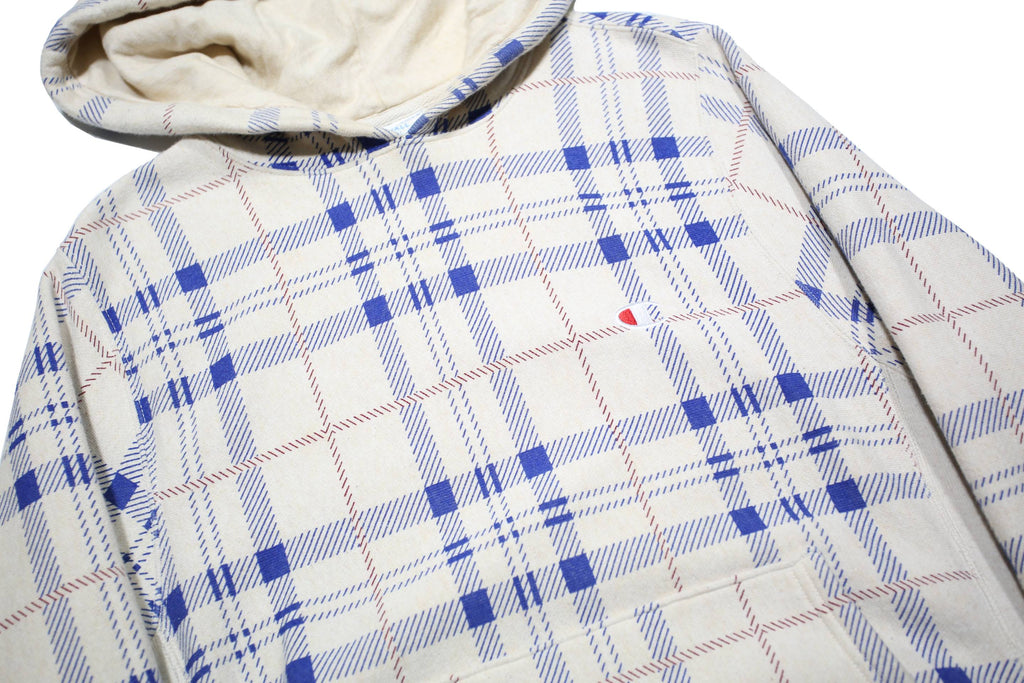 CHAMPION REVERSE WEAVE Mens Cream & Blue Plaid Pullover Hoodie S Cotton Blend