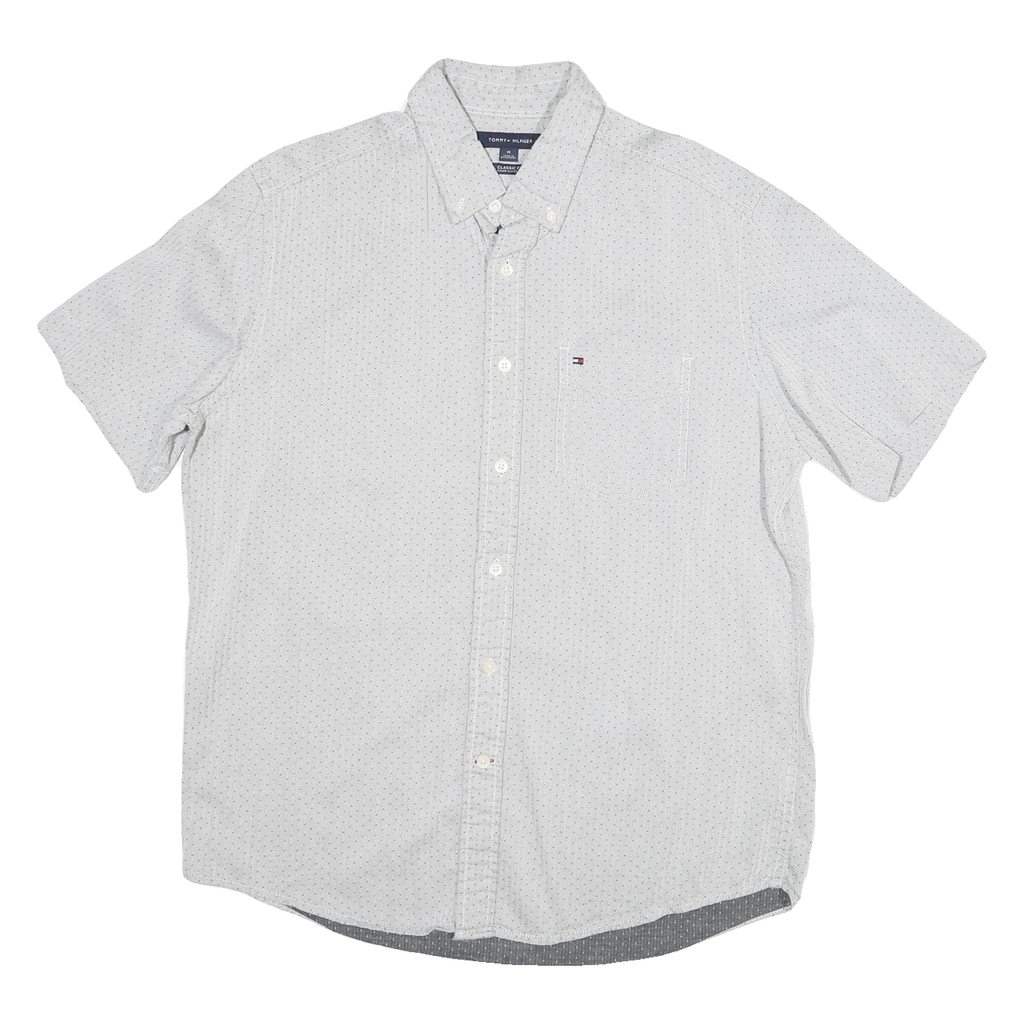 TOMMY HILFIGER Mens White & Navy Blue Dot Pattern Shirt M Button-Down Short
