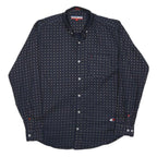 TOMMY HILFIGER Mens Navy & Beige Pattern Shirt L Cotton Long Sleeve Casual