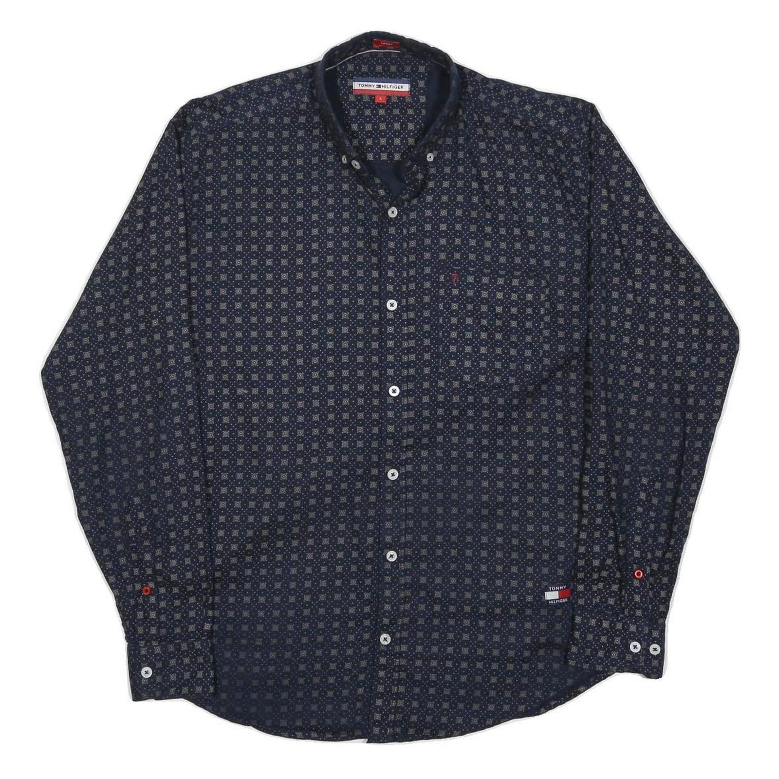 TOMMY HILFIGER Mens Navy & Beige Pattern Shirt L Cotton Long Sleeve Casual