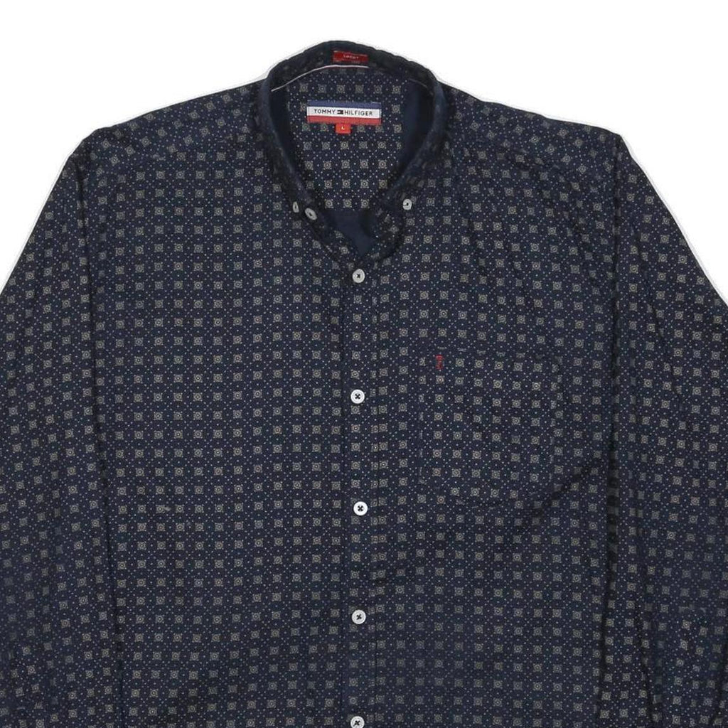 TOMMY HILFIGER Mens Navy & Beige Pattern Shirt L Cotton Long Sleeve Casual
