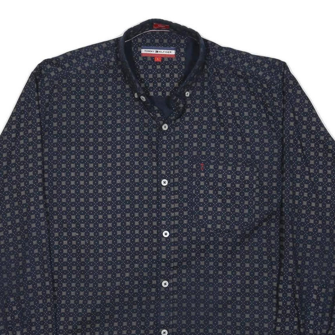 TOMMY HILFIGER Mens Navy & Beige Pattern Shirt L Cotton Long Sleeve Casual