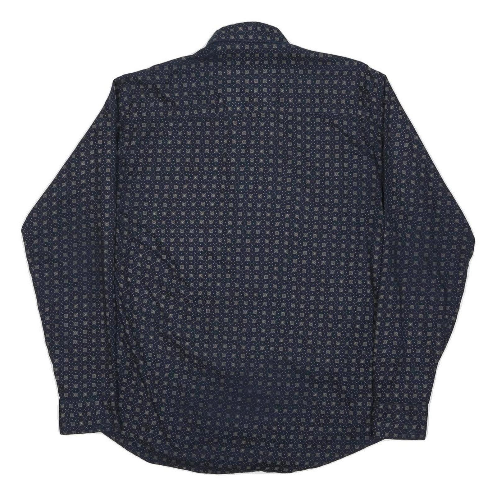 TOMMY HILFIGER Mens Navy & Beige Pattern Shirt L Cotton Long Sleeve Casual
