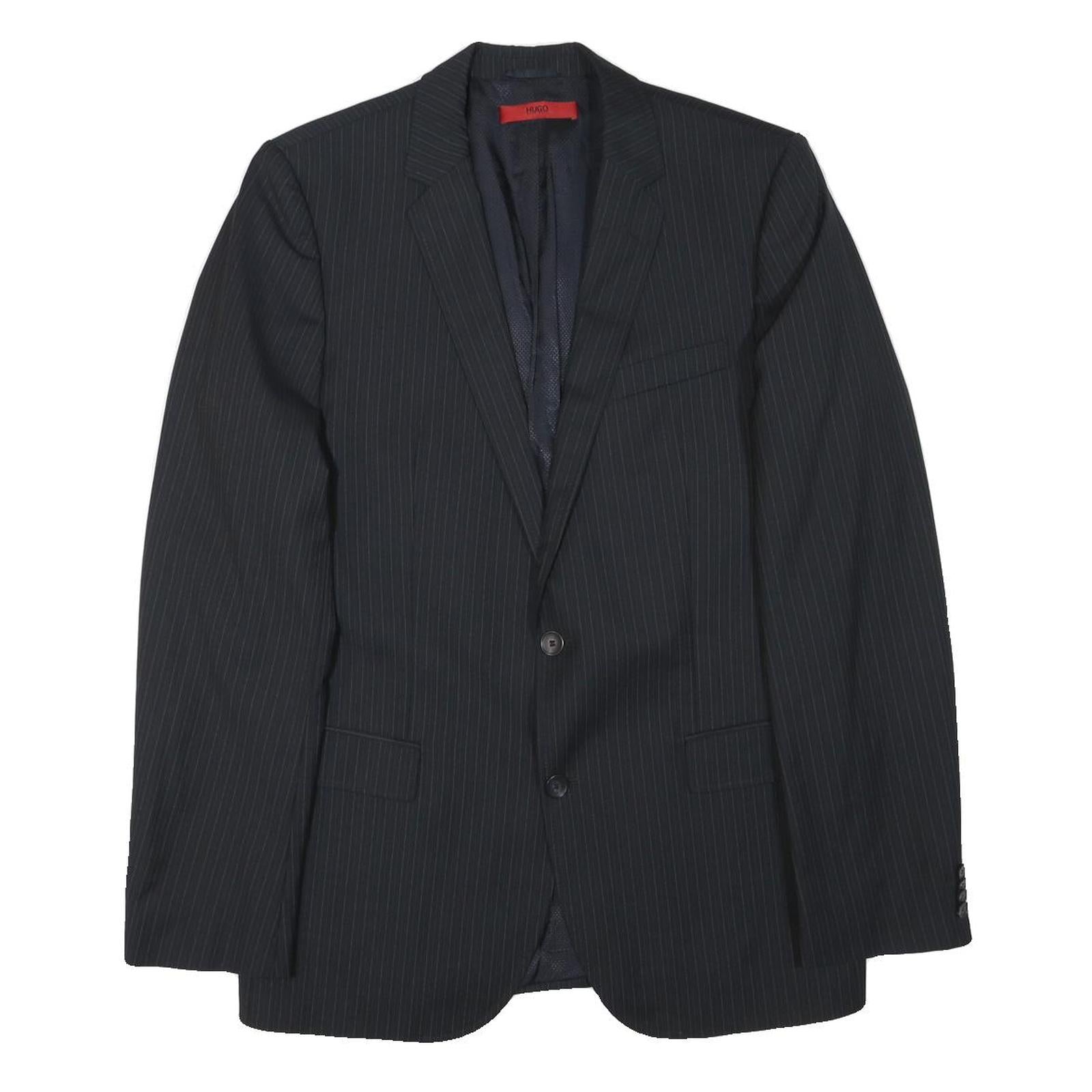 HUGO Mens Black Pinstripe Tailored Wool Jacket M Button Formal Wear