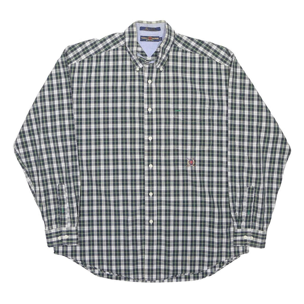 TOMMY HILFIGER Mens Green & White Check Shirt L Classic Button-Down Long Sleeve