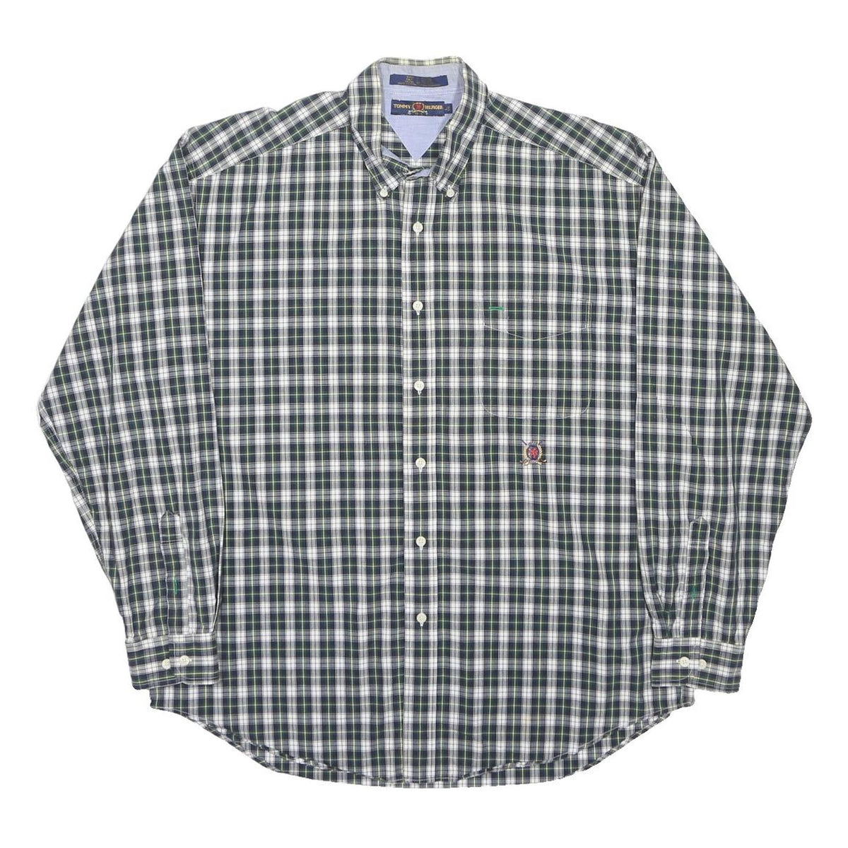 TOMMY HILFIGER Mens Green & White Check Shirt L Classic Button-Down Long Sleeve