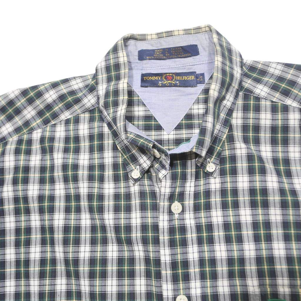 TOMMY HILFIGER Mens Green & White Check Shirt L Classic Button-Down Long Sleeve