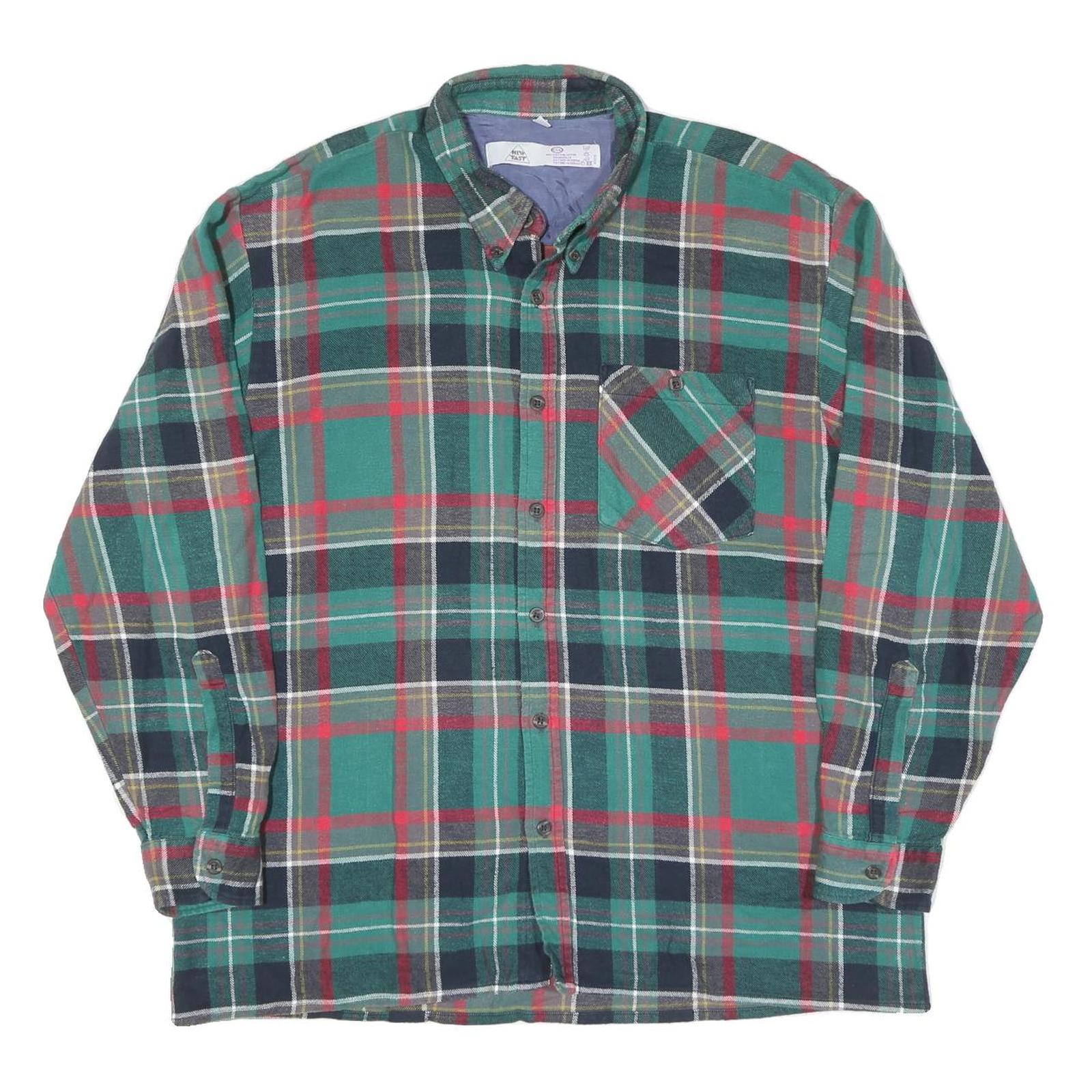 Mens Green Black Red Plaid Cotton Shirt XL Button Collar Casual Classic Style