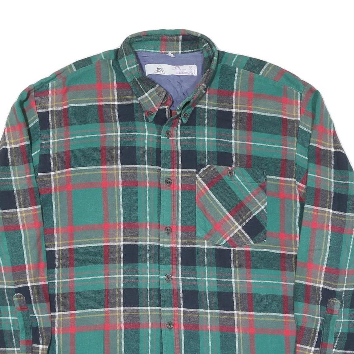 Mens Green Black Red Plaid Cotton Shirt XL Button Collar Casual Classic Style