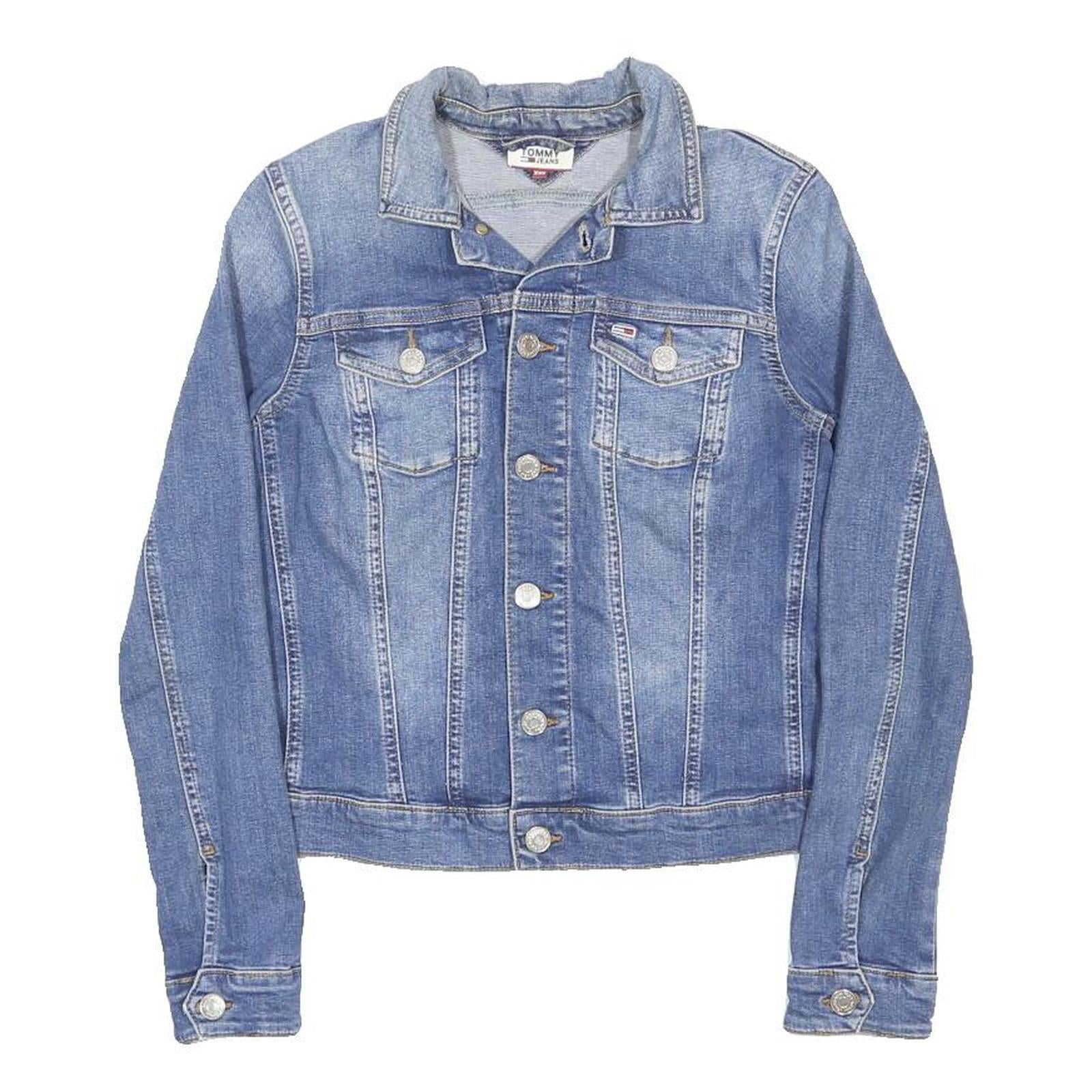 TOMMY JEANS Womens Blue Denim Jacket XXS Cotton Button Plain Lightweight