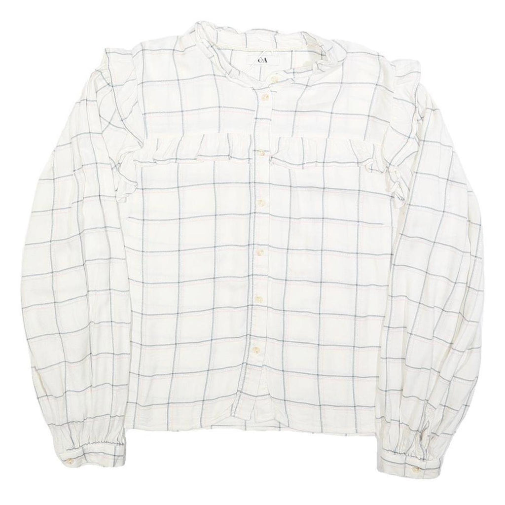 C&A Womens White Checked Blouse Long Sleeve Button Neck L Ruffle Detail