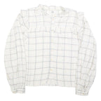 C&A Womens White Checked Blouse Long Sleeve Button Neck L Ruffle Detail