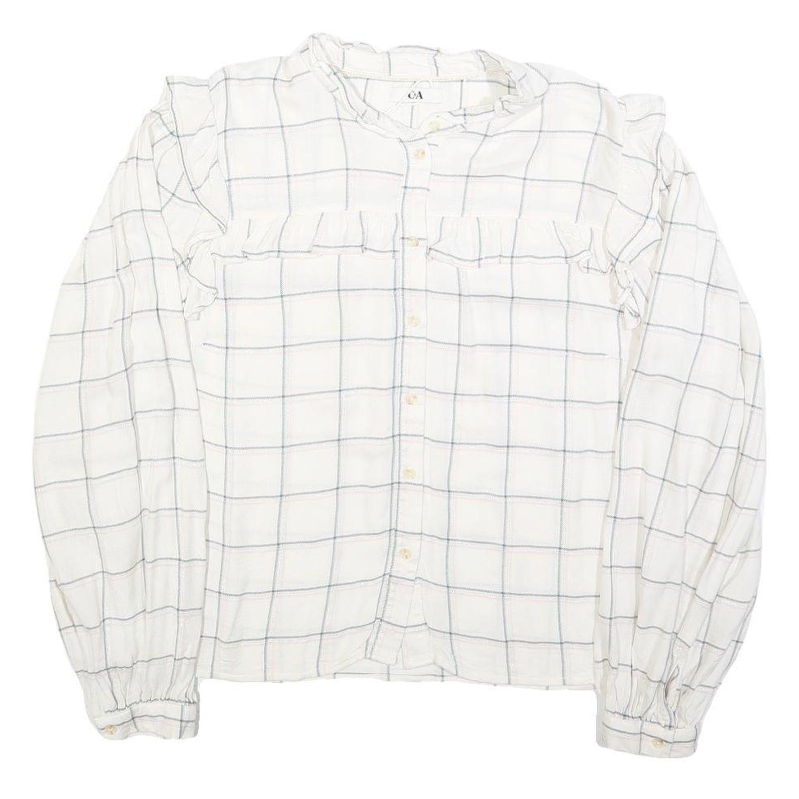 C&A Womens White Checked Blouse Long Sleeve Button Neck L Ruffle Detail
