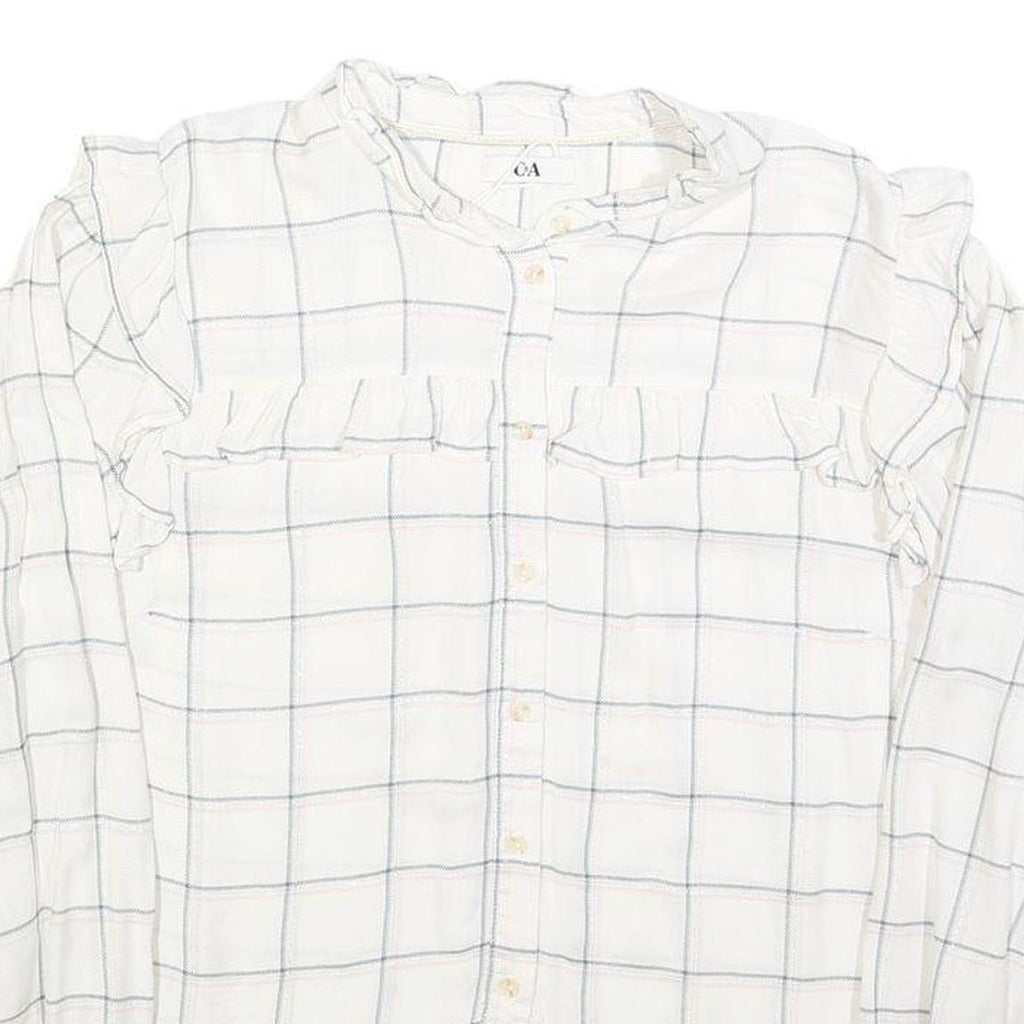 C&A Womens White Checked Blouse Long Sleeve Button Neck L Ruffle Detail