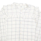 C&A Womens White Checked Blouse Long Sleeve Button Neck L Ruffle Detail
