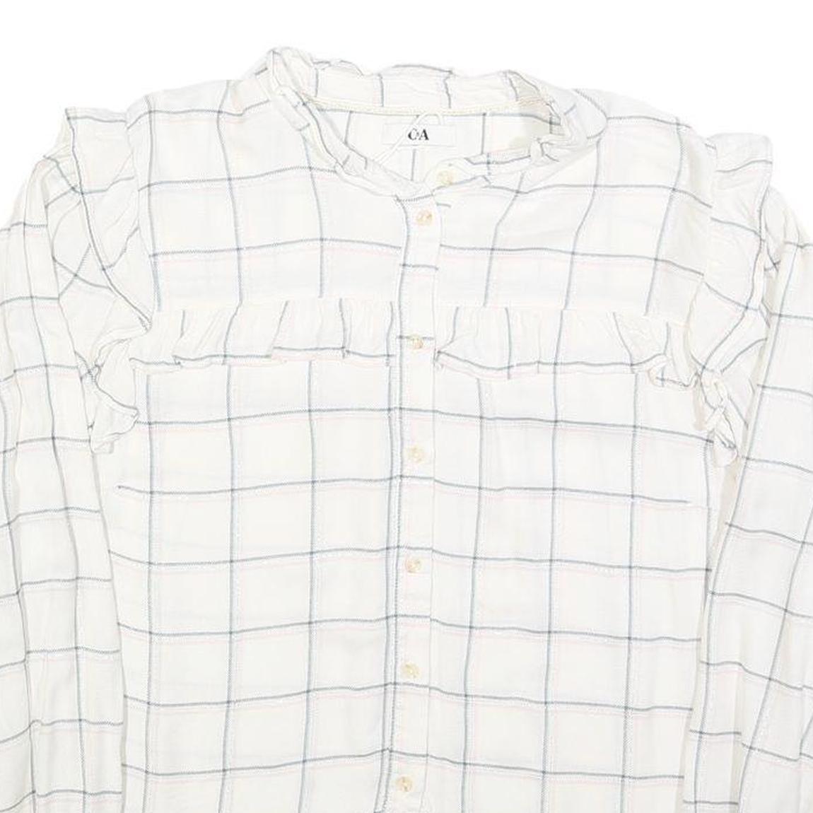 C&A Womens White Checked Blouse Long Sleeve Button Neck L Ruffle Detail