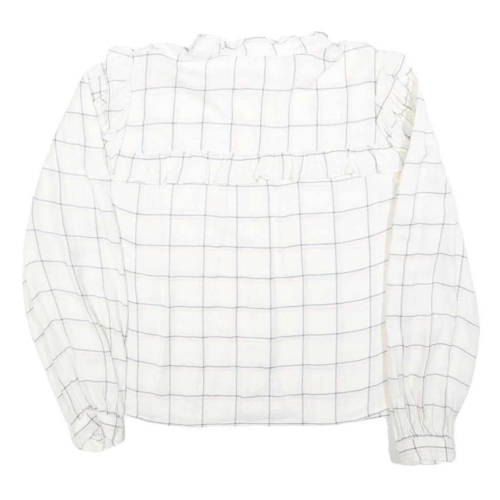 C&A Womens White Checked Blouse Long Sleeve Button Neck L Ruffle Detail