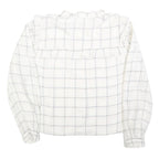 C&A Womens White Checked Blouse Long Sleeve Button Neck L Ruffle Detail