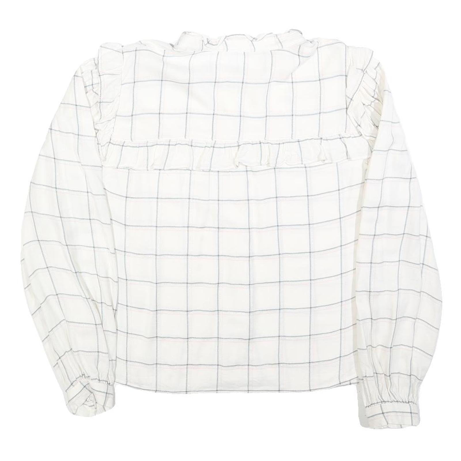 C&A Womens White Checked Blouse Long Sleeve Button Neck L Ruffle Detail