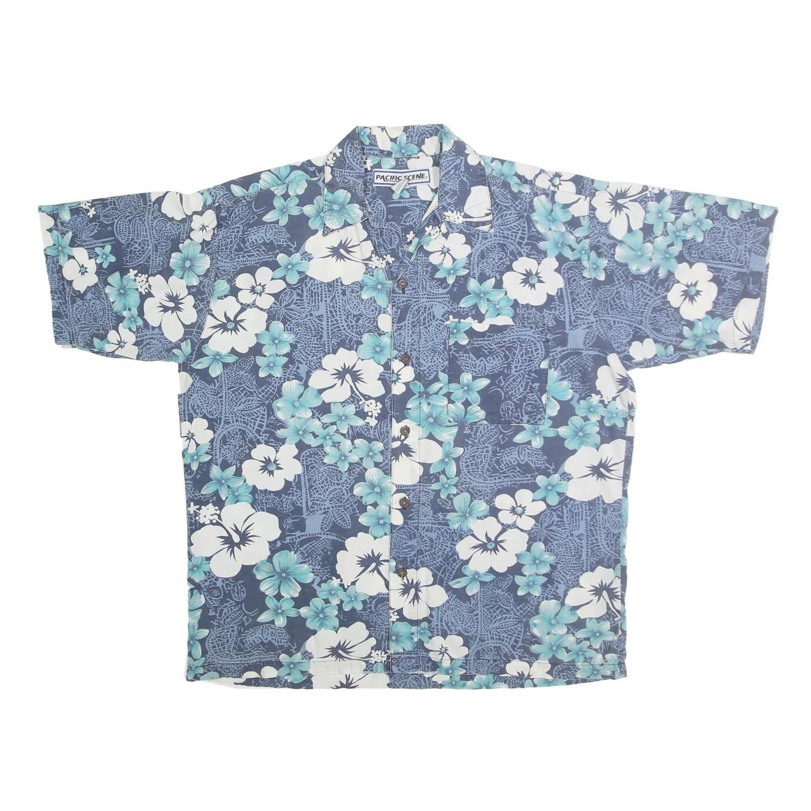 PACIFIC SCENE Mens Blue & White Floral Cotton Shirt L Hawaiian Style Casual