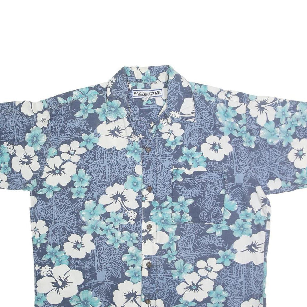 PACIFIC SCENE Mens Blue & White Floral Cotton Shirt L Hawaiian Style Casual