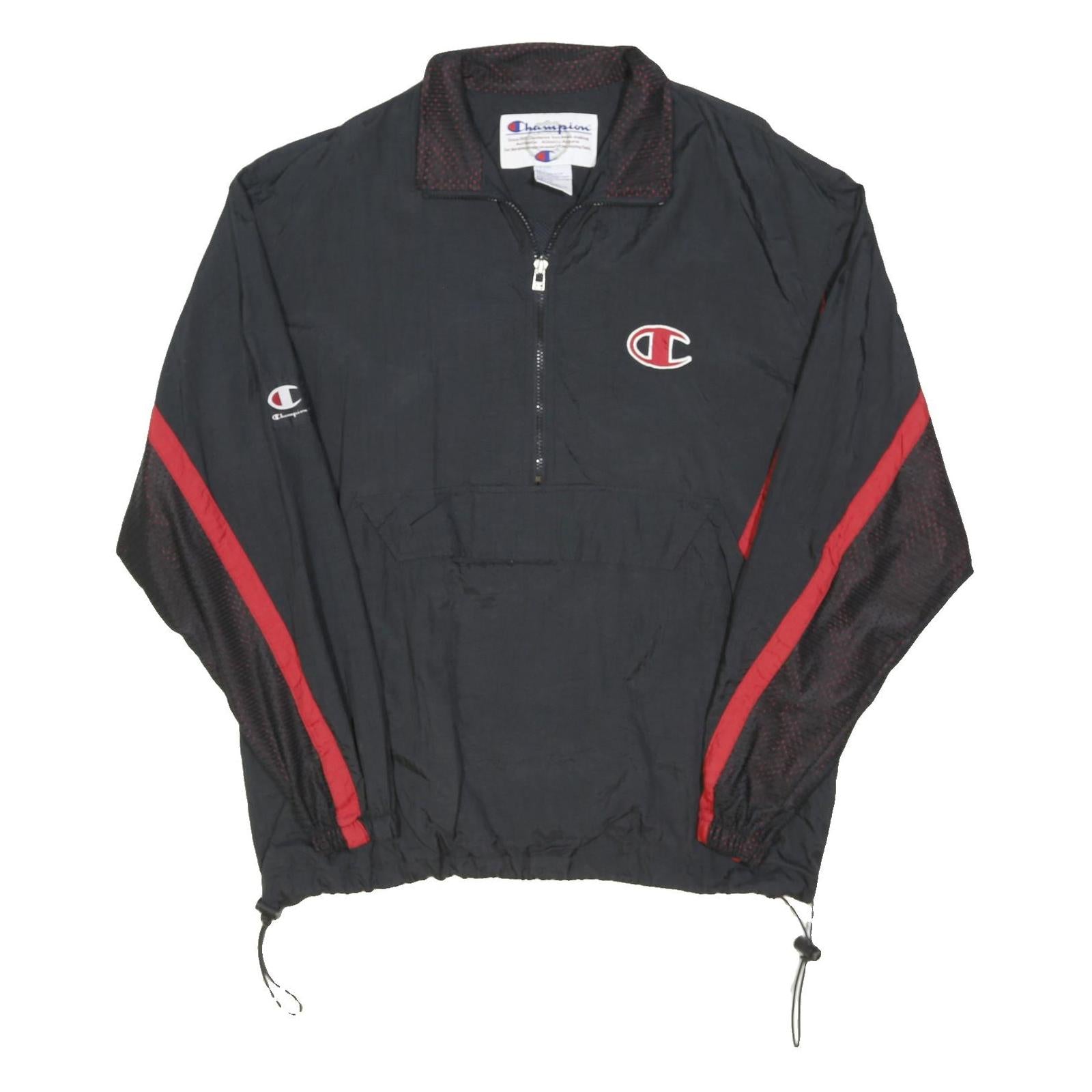 CHAMPION Mens Black & Red Nylon Track Jacket L Half Zip Sport Casual