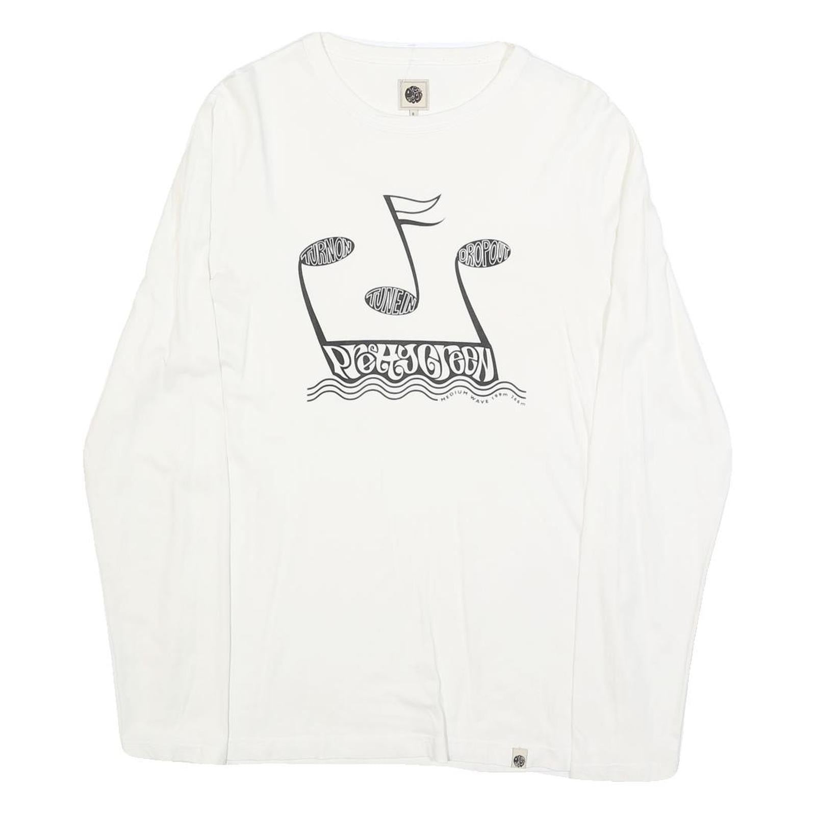 PRETTY GREEN Mens White Long Sleeve Crew Neck Graphic T-Shirt S Cotton Blend