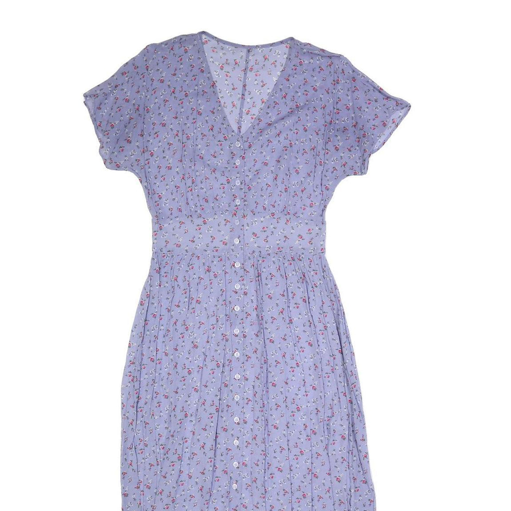 Womens Blue Floral Day Dress Polyester Short Sleeve Midi Size S Lightweight