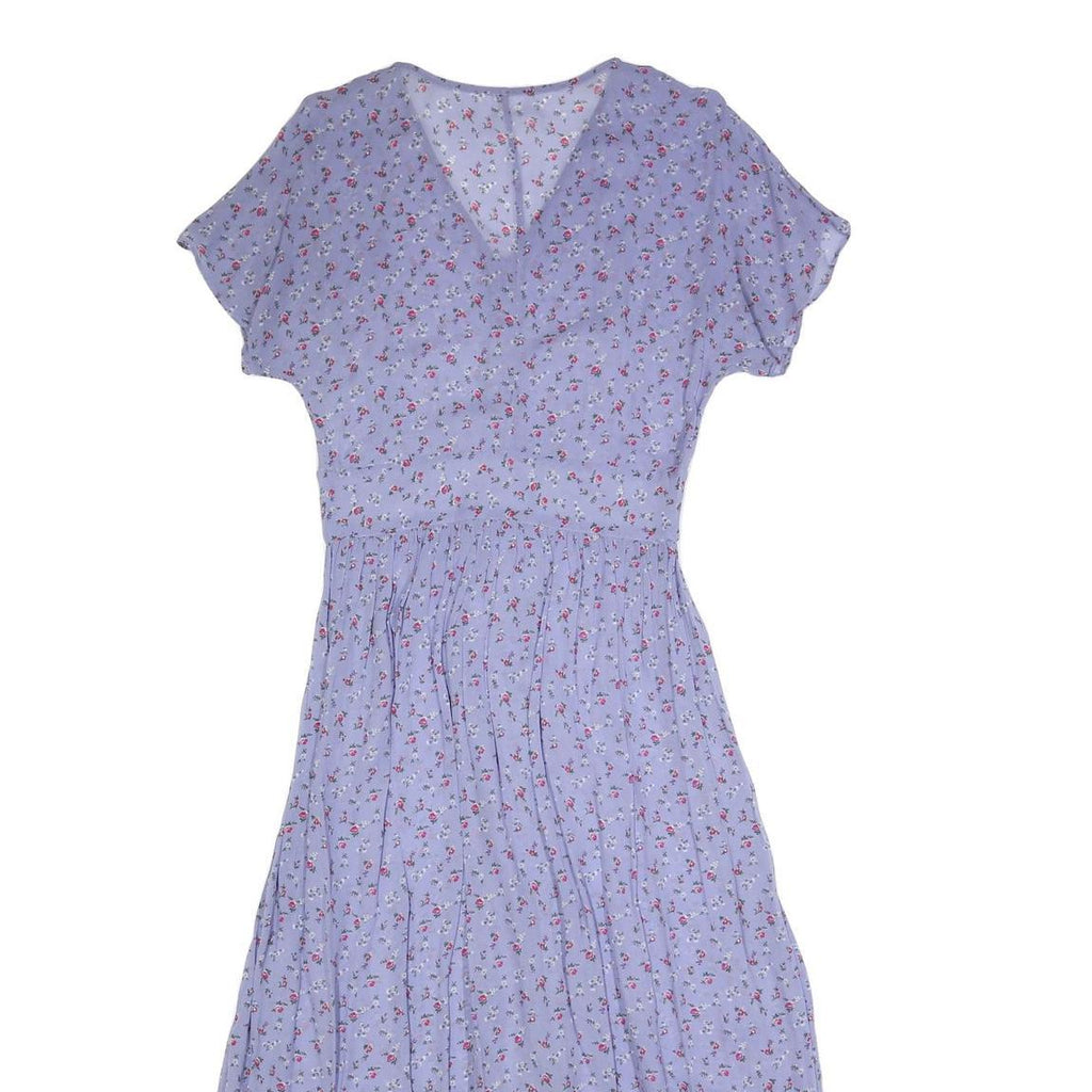 Womens Blue Floral Day Dress Polyester Short Sleeve Midi Size S Lightweight