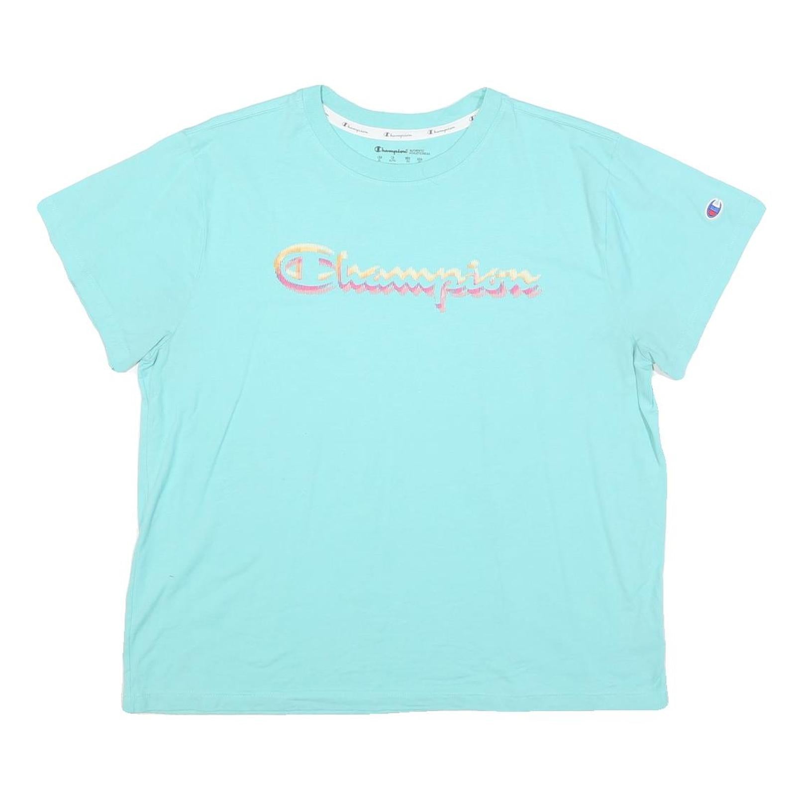 CHAMPION Womens Blue & Pink Graphic T-Shirt XL Short Sleeve Crew Neck Casual