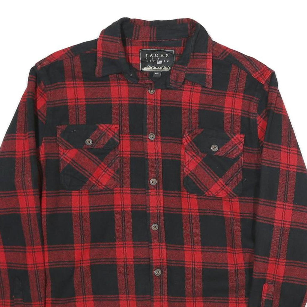 JACHS Mens Red & Black Check Shirt L Long Sleeve Button Closure Casual Flannel