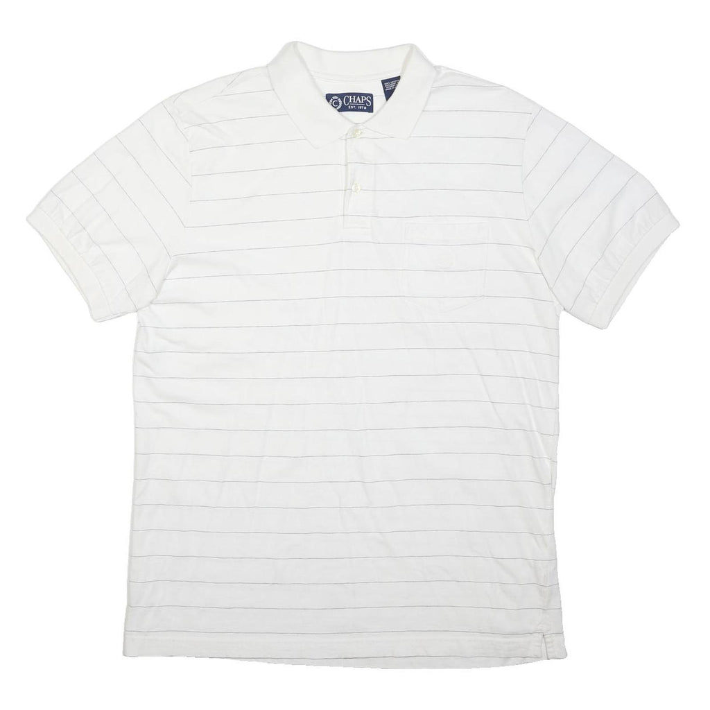 CHAPS Mens White Polo Shirt L Cotton Short Sleeve Striped Basic Pocket