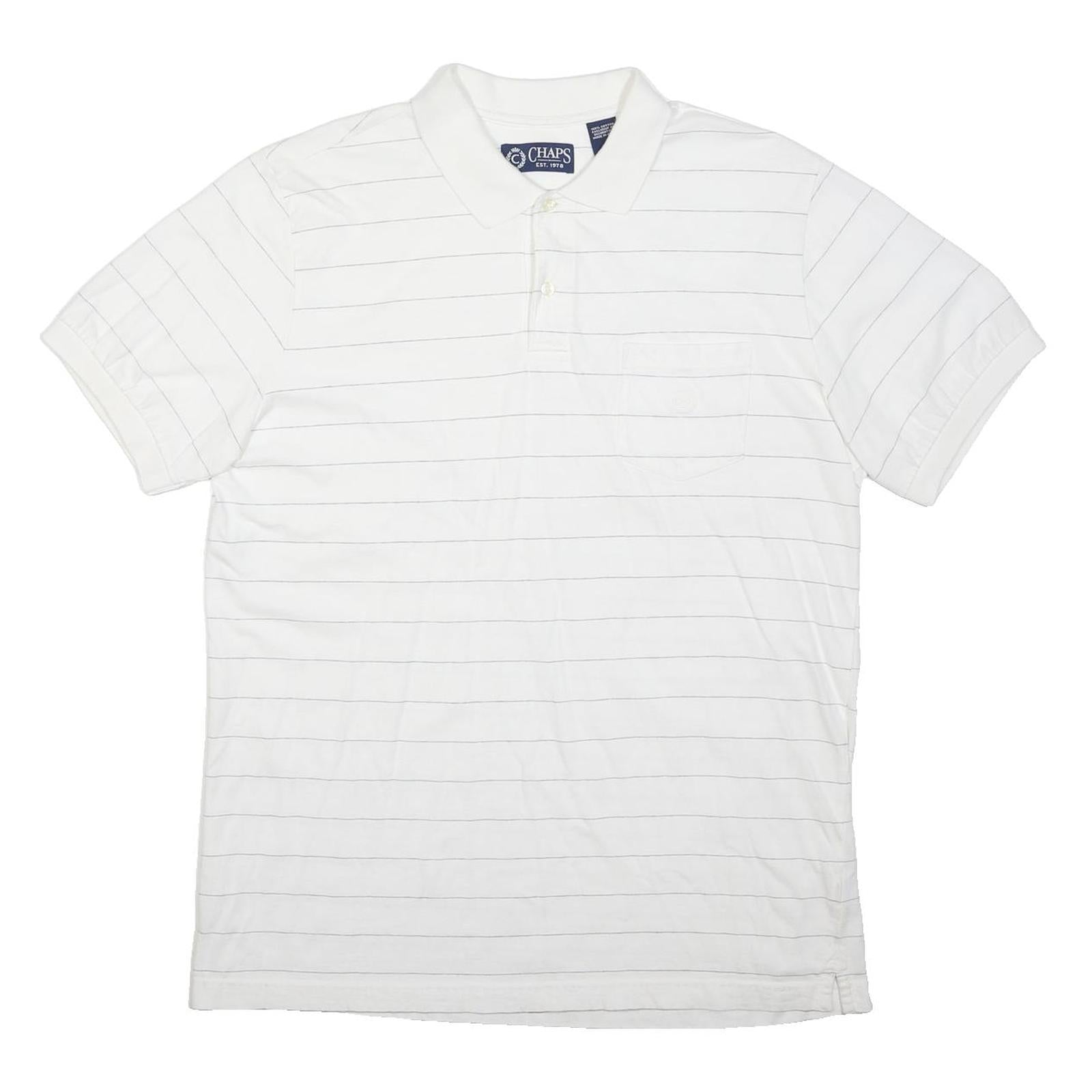 CHAPS Mens White Polo Shirt L Cotton Short Sleeve Striped Basic Pocket