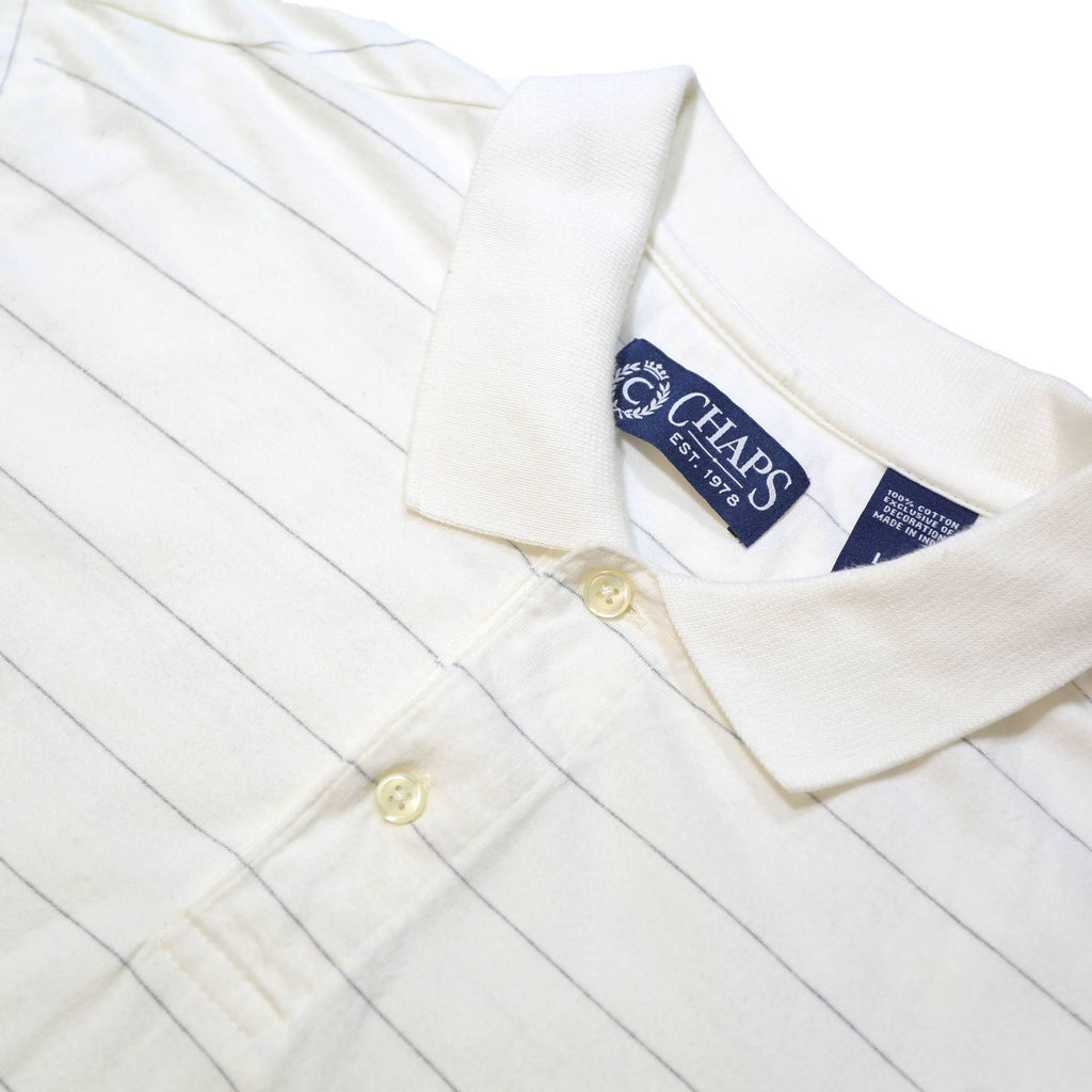 CHAPS Mens White Polo Shirt L Cotton Short Sleeve Striped Basic Pocket