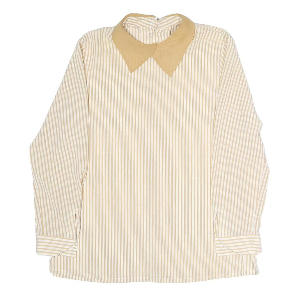 Womens Beige & Cream Striped Top Long Sleeve Button Neck Shirt M Vintage Style