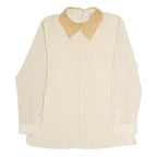 Womens Beige & Cream Striped Top Long Sleeve Button Neck Shirt M Vintage Style