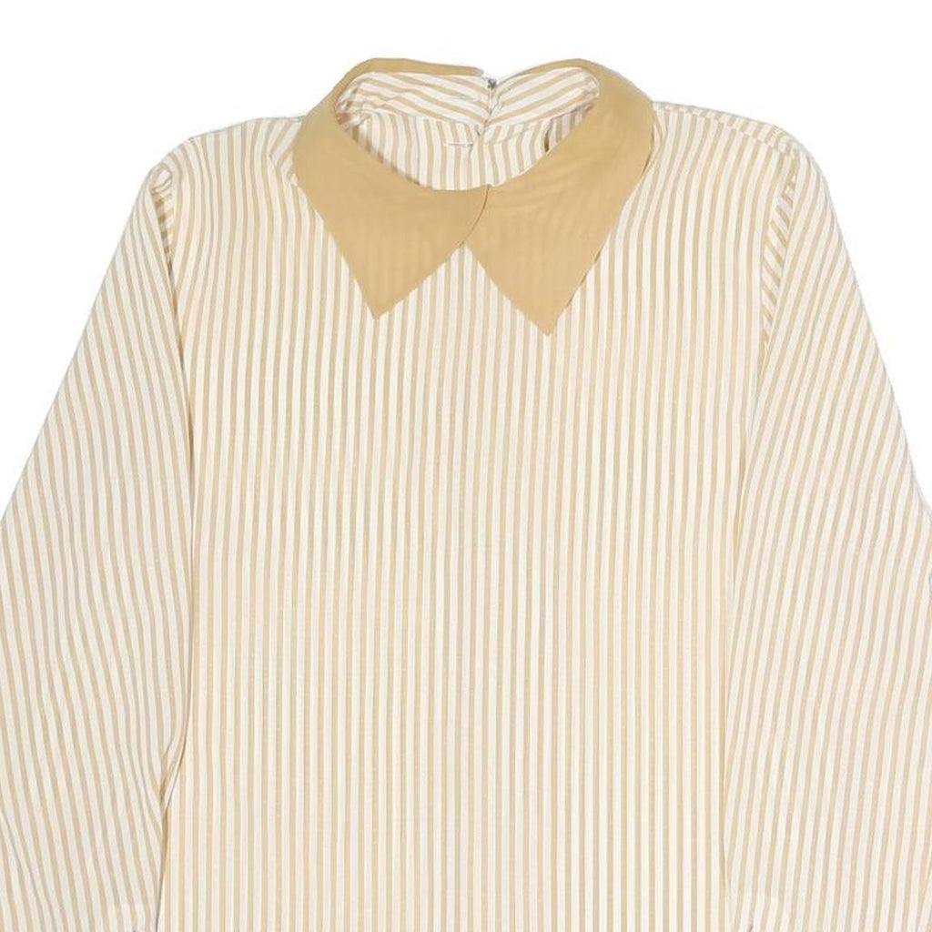 Womens Beige & Cream Striped Top Long Sleeve Button Neck Shirt M Vintage Style