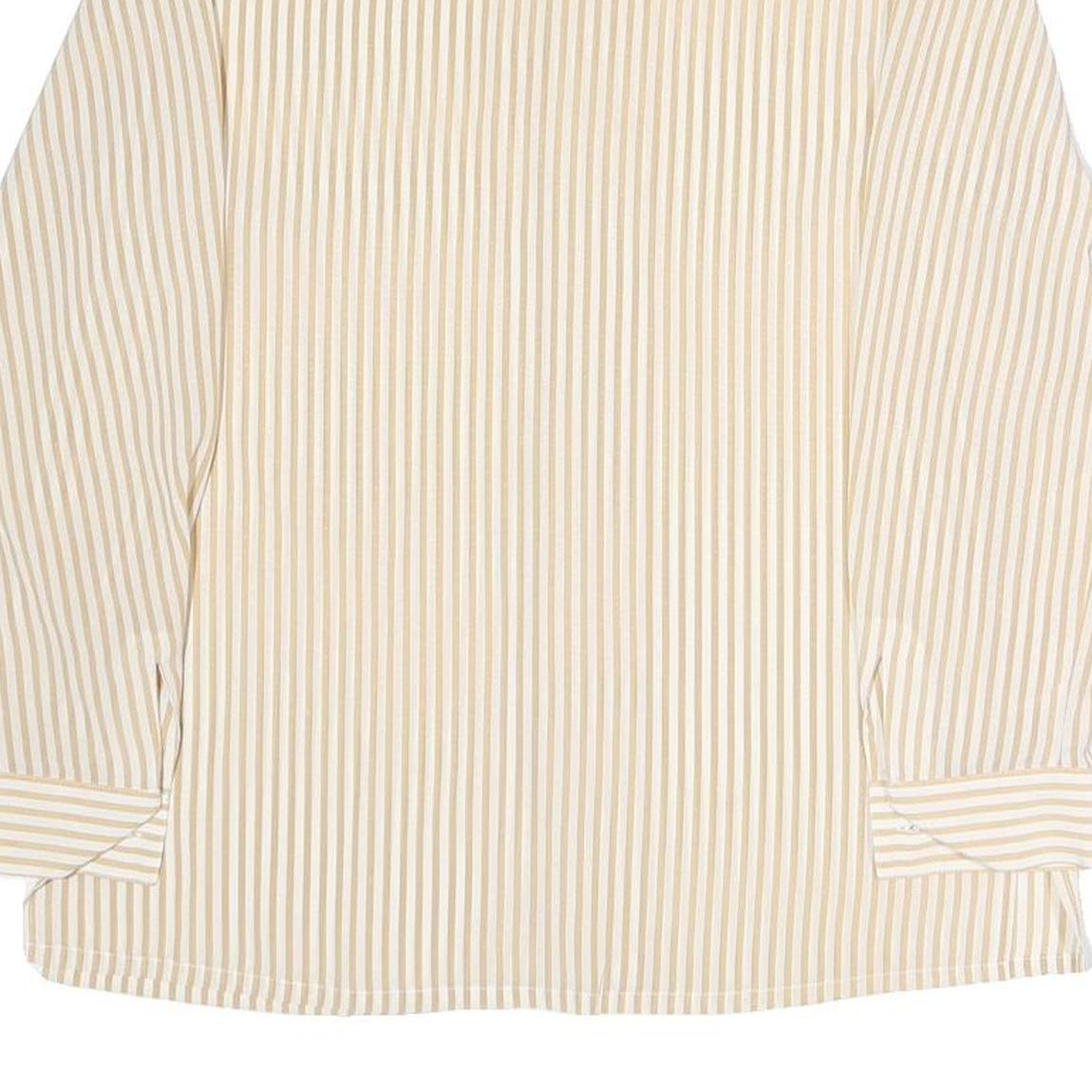 Womens Beige & Cream Striped Top Long Sleeve Button Neck Shirt M Vintage Style