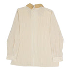 Womens Beige & Cream Striped Top Long Sleeve Button Neck Shirt M Vintage Style