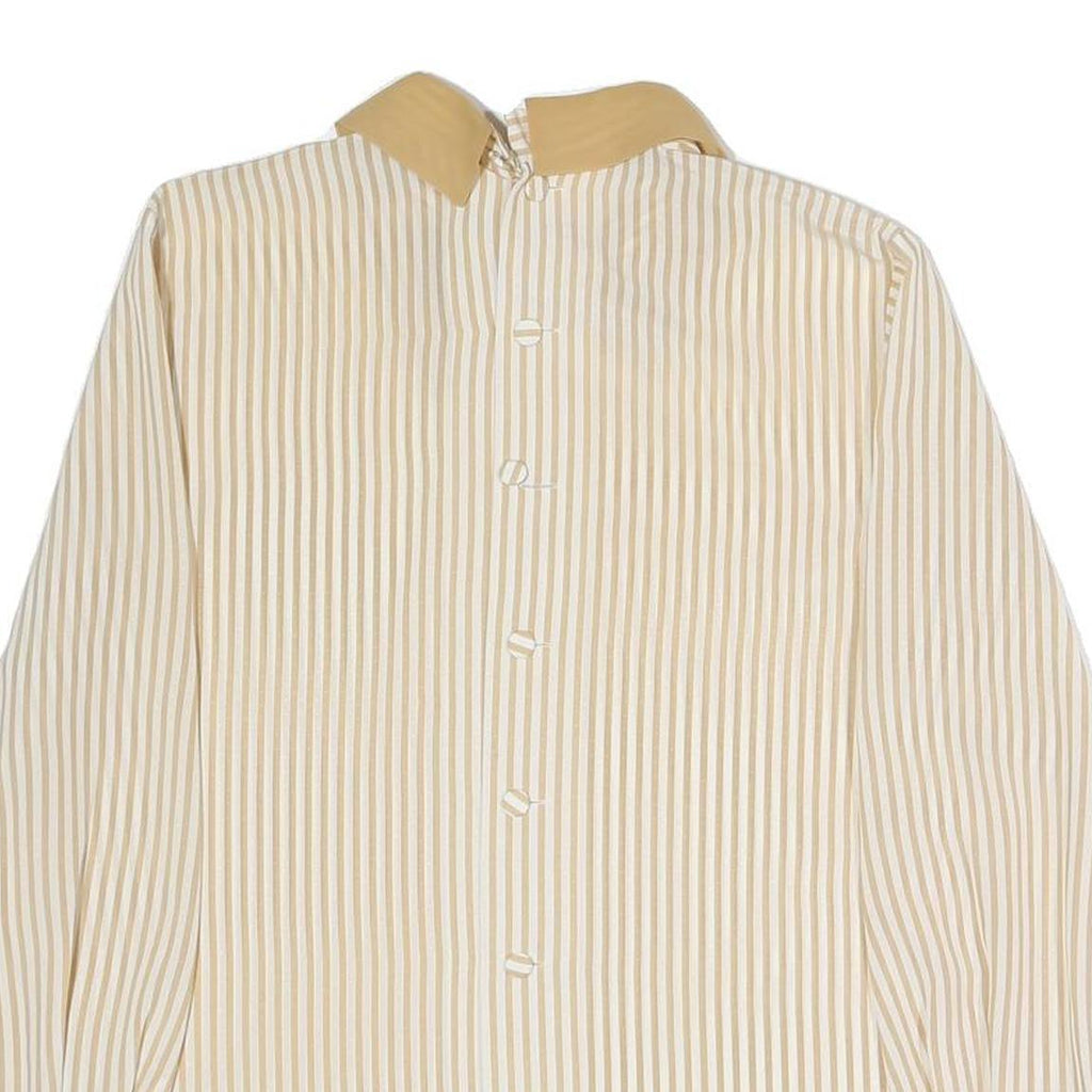 Womens Beige & Cream Striped Top Long Sleeve Button Neck Shirt M Vintage Style