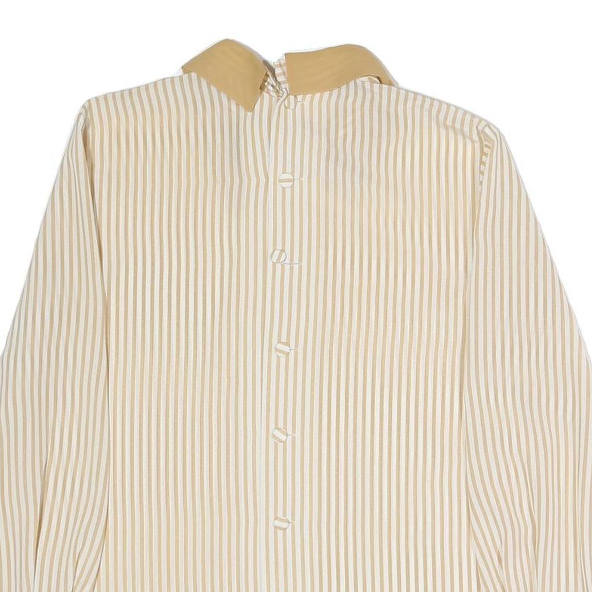 Womens Beige & Cream Striped Top Long Sleeve Button Neck Shirt M Vintage Style