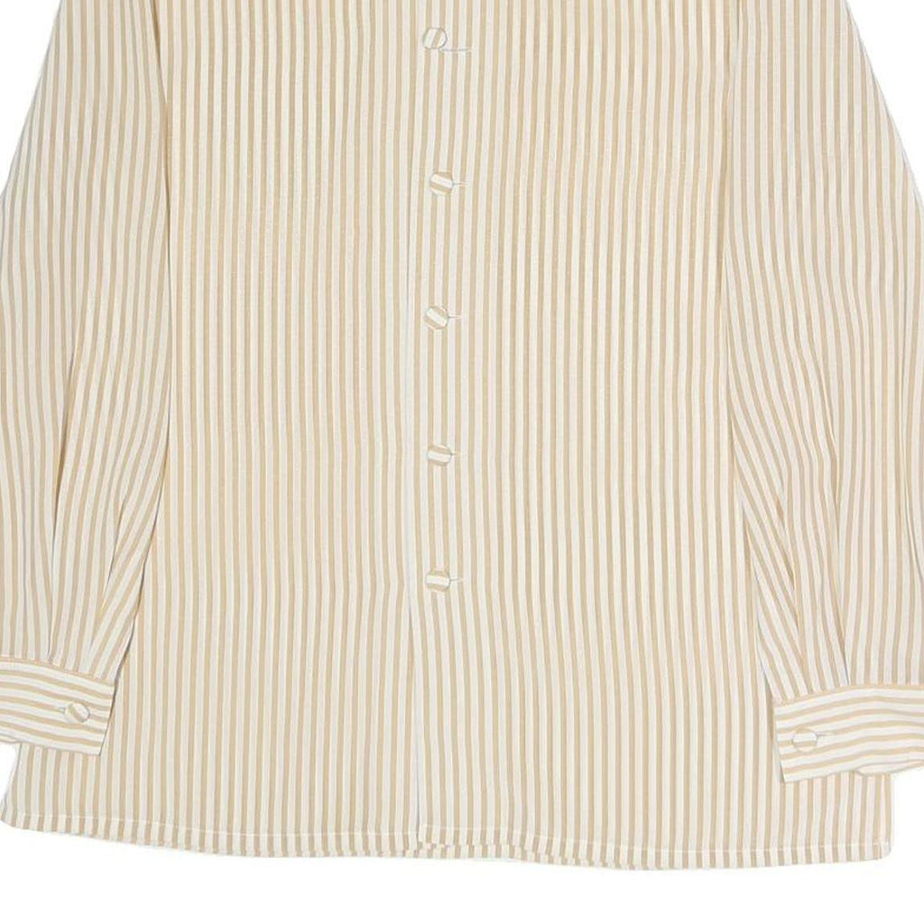 Womens Beige & Cream Striped Top Long Sleeve Button Neck Shirt M Vintage Style