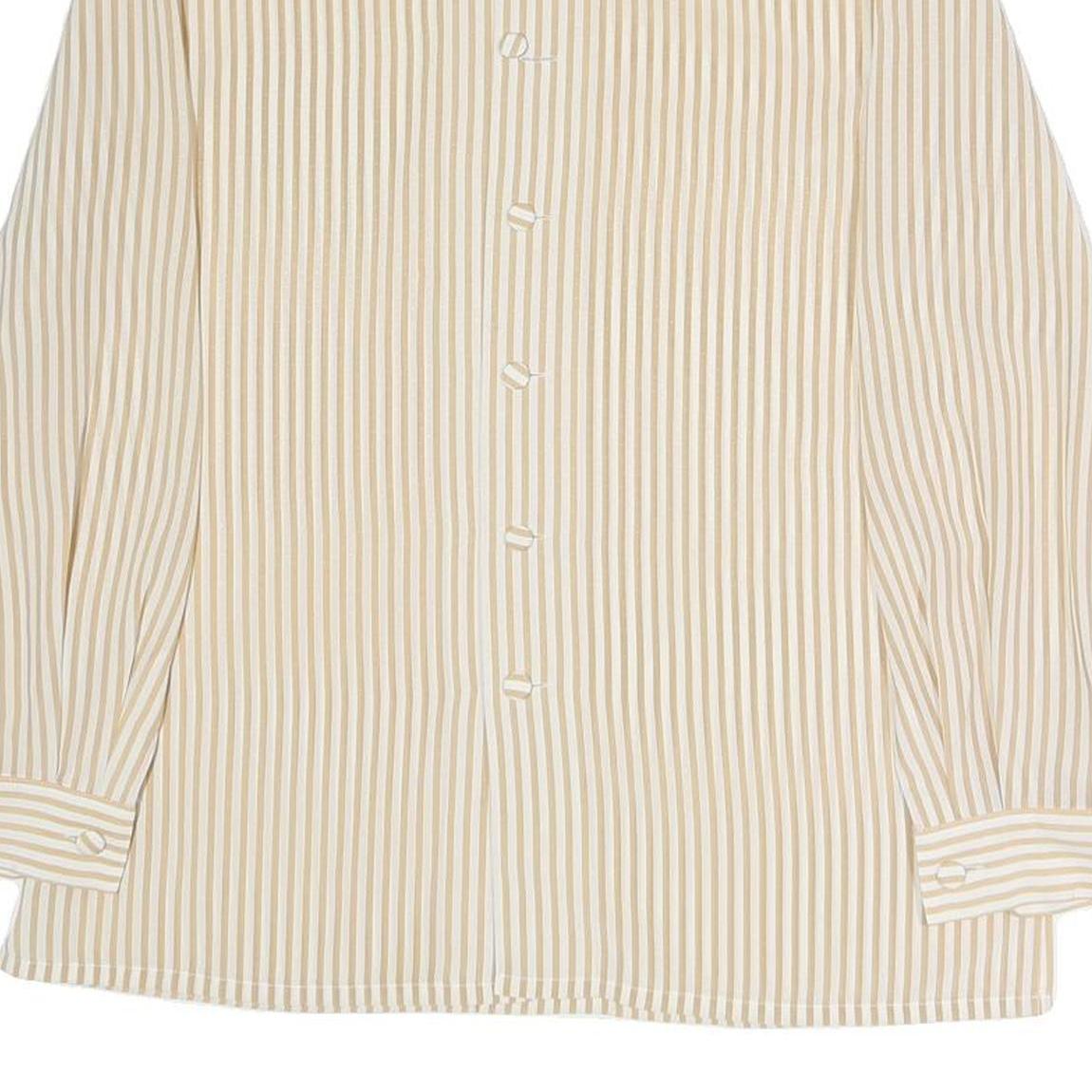 Womens Beige & Cream Striped Top Long Sleeve Button Neck Shirt M Vintage Style