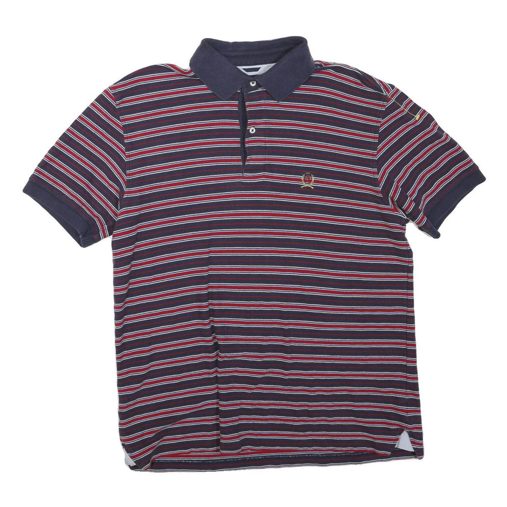 TOMMY HILFIGER Mens Navy & Red Striped Polo Shirt M Cotton Blend Short Sleeve