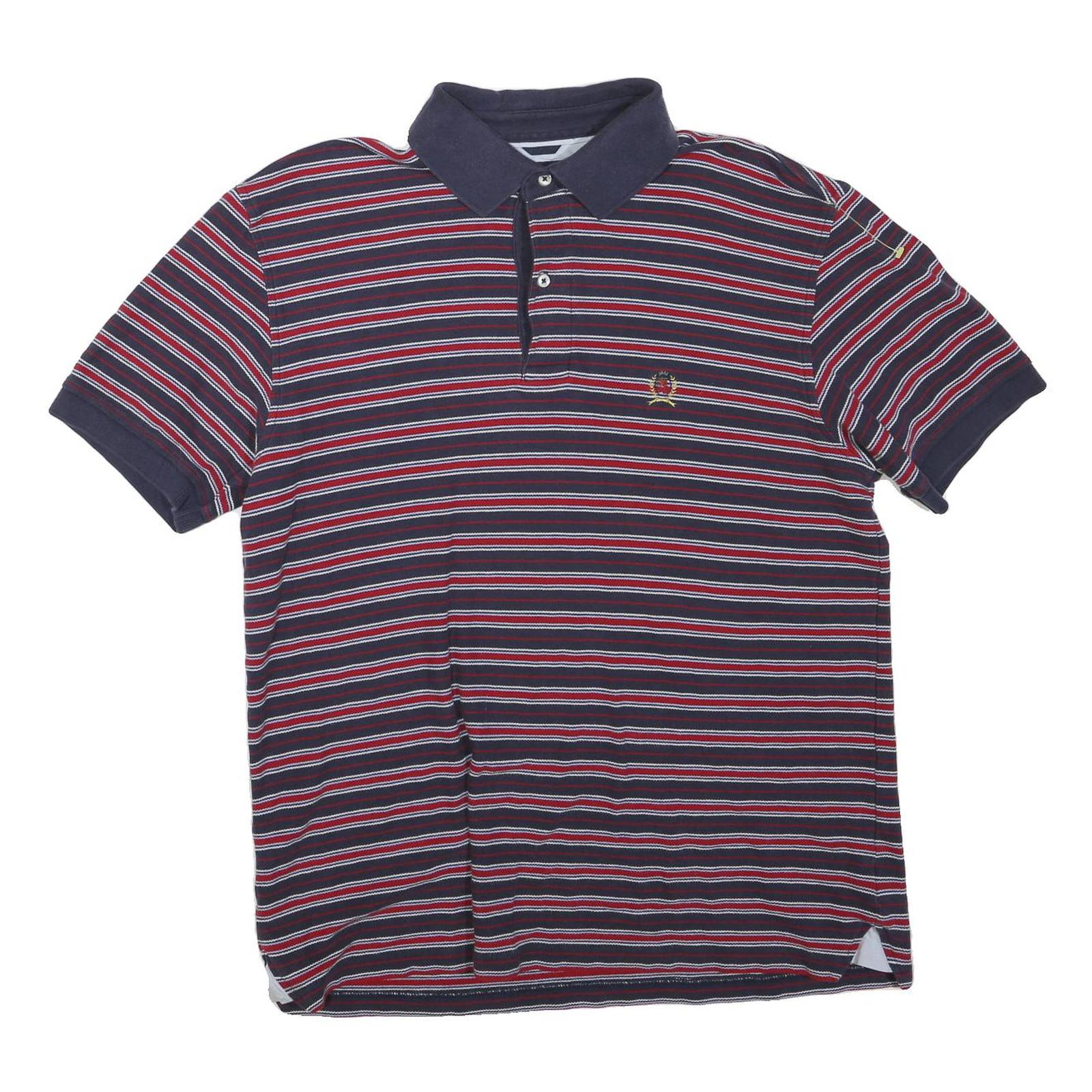 TOMMY HILFIGER Mens Navy & Red Striped Polo Shirt M Cotton Blend Short Sleeve