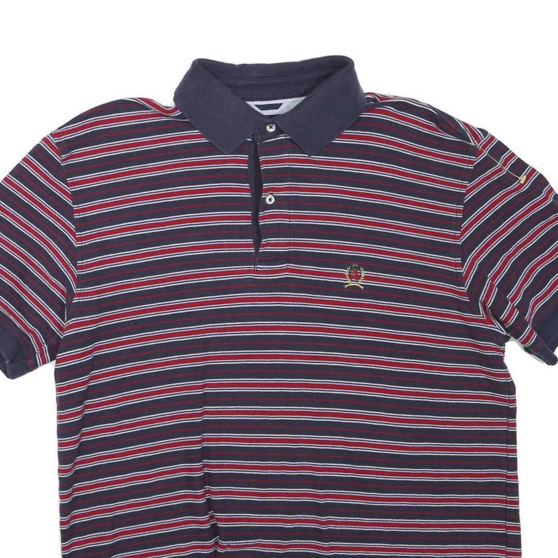 TOMMY HILFIGER Mens Navy & Red Striped Polo Shirt M Cotton Blend Short Sleeve