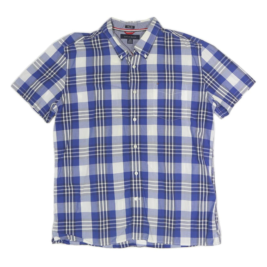 TOMMY HILFIGER Mens Blue & White Check Shirt XL Button Short Sleeve Cotton Blend