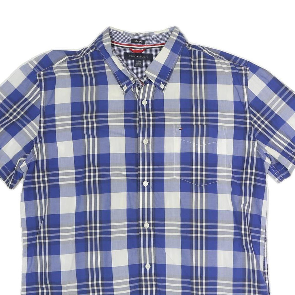 TOMMY HILFIGER Mens Blue & White Check Shirt XL Button Short Sleeve Cotton Blend